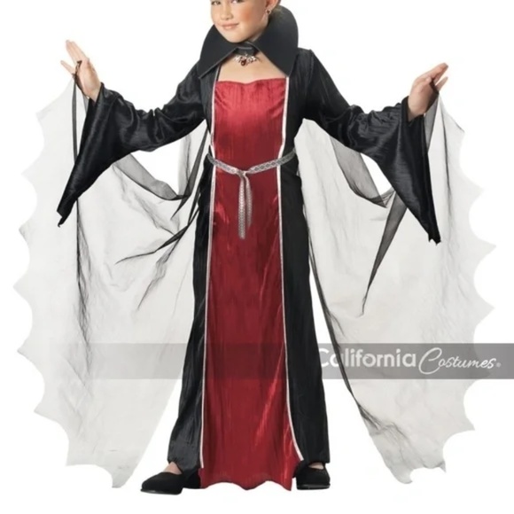 California Costume Vampire Girl Halloween Costume Red & Black Velvet Dress 8-10 - Picture 2 of 13